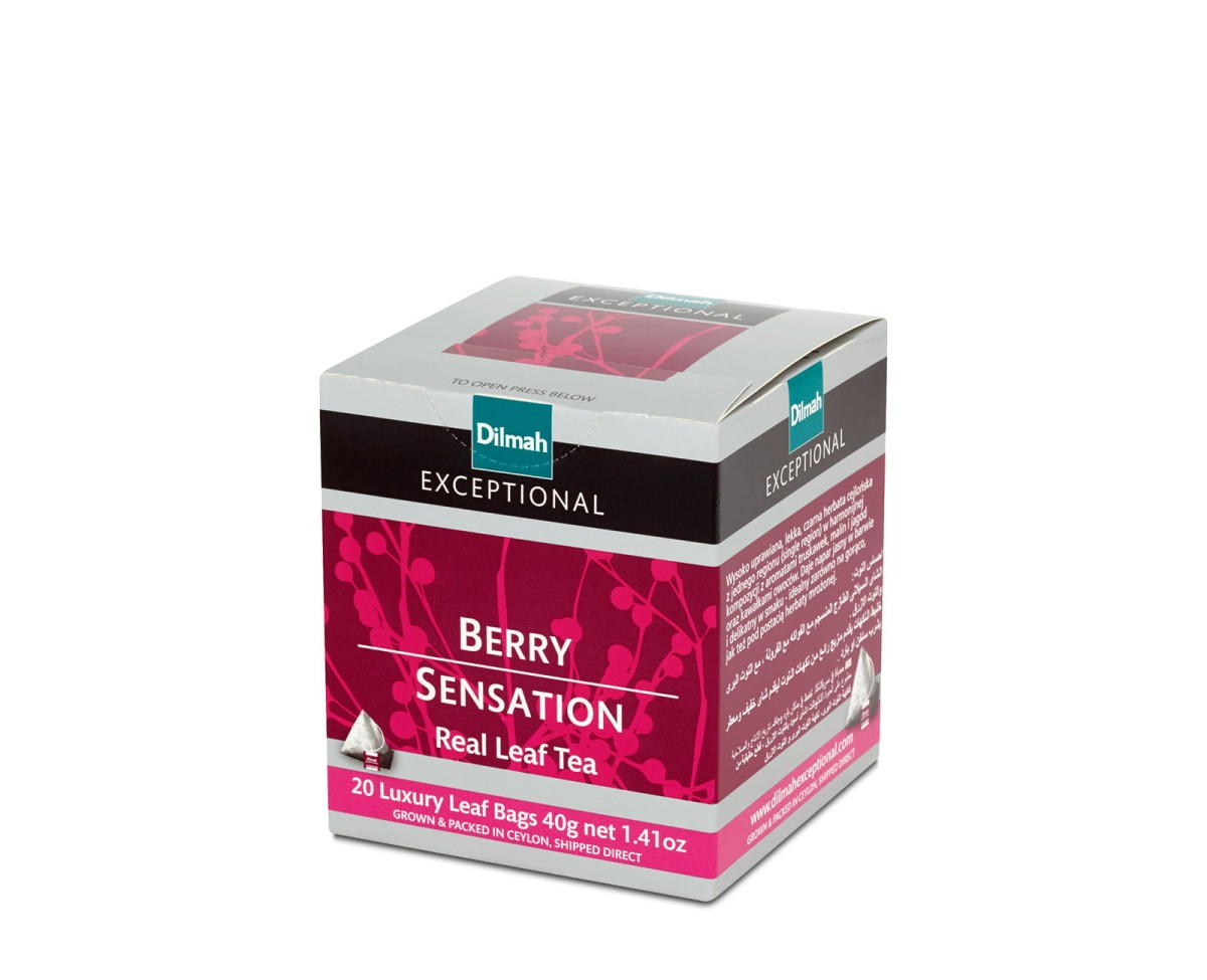 Herbata Czarna z dodatkami  W porcjach  Dilmah Berry Sensation [20x2g] - Cejlońska czarna herbata z dodatkiem jagód, malin i aromatów.    20 stożkowych biodegradowalnych torebek ekspresowych 2g z zawieszką 1
