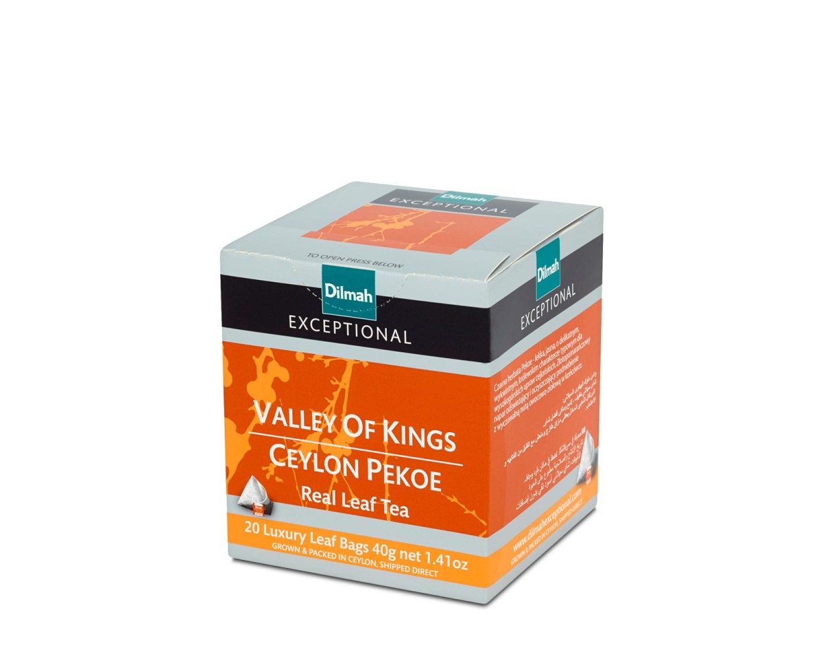 Herbata Czarna  W porcjach  Dilmah Valley of Kings Ceylon Pekoe [20x2g] - Klasyczna czarna herbata cejlońska.    20 stożkowych biodegradowalnych torebek ekspresowych 2g z zawieszką 1
