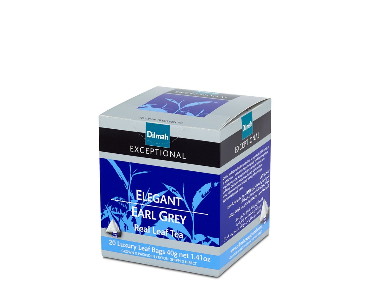 Herbata Czarna Aromatyzowana  W porcjach  Dilmah Elegant Earl Grey [20x2g] - Cejlońska czarna herbata z aromatem bergamotki.    20 stożkowych biodegradowalnych torebek ekspresowych 2g z zawieszką 1
