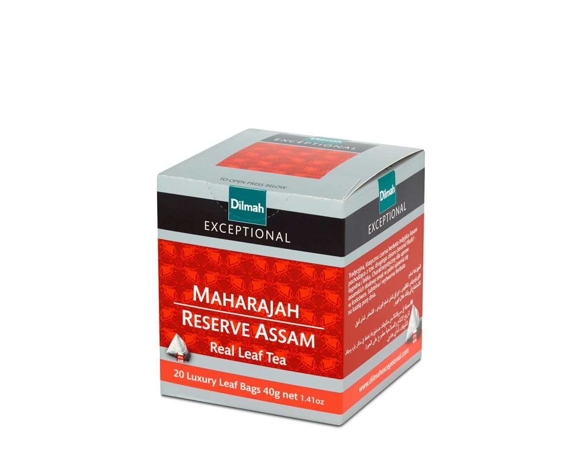 Herbata Czarna  W porcjach  Dilmah Maharajah Reserve Assam [20x2g] - Indyjska czarna herbata Assam.    20 stożkowych biodegradowalnych torebek ekspresowych 2g z zawieszką 1