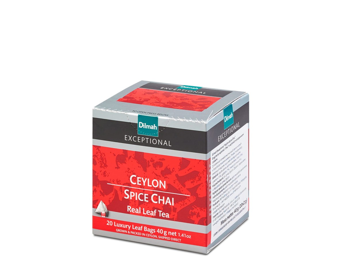 Herbata Czarna z dodatkami  W porcjach  Dilmah Ceylon Spice Chai [20x2g] - Cejlońska czarna herbata z dodatkiem korzennych przypraw (Chai).    20 stożkowych biodegradowalnych torebek ekspresowych 2g z zawieszką 1