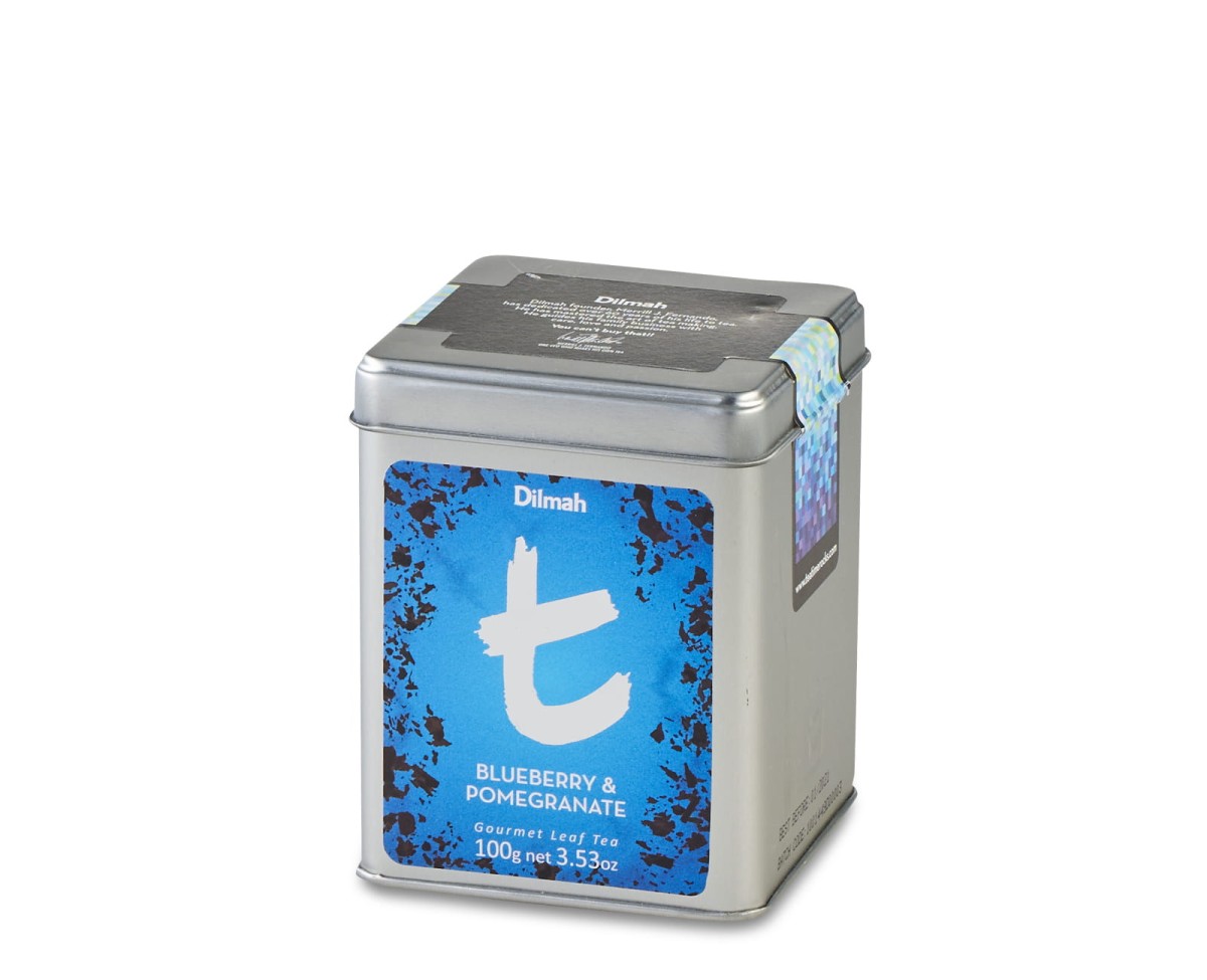 Herbaty czarne aromatyzowane sypkie w puszce Dilmah t-Series Blueberry & Pomegranate [100g] Cejlońska czarna herbata z aromatem czarnej jagody i granatu 1