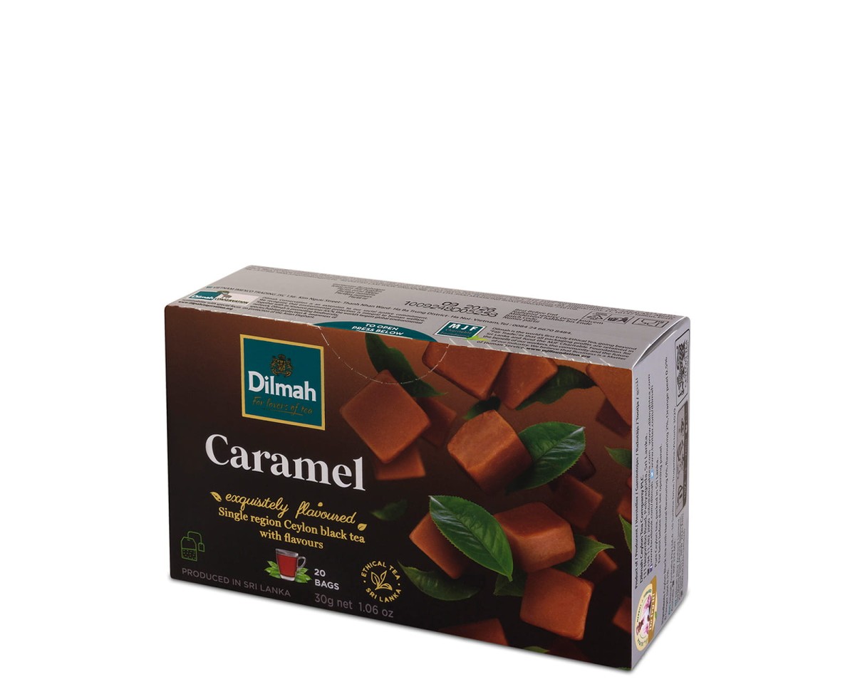 Herbaty czarne aromatyzowane Dilmah Caramel [20x1,5g] Cejlońska czarna herbata z aromatem karmelu 20 torebek ekspresowych 1,5g z zawieszką 1