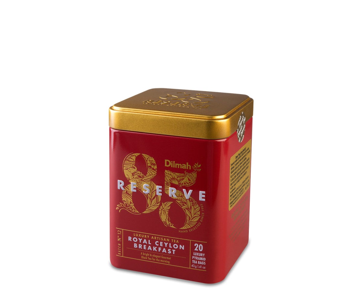 Herbata czarna aromatyzowana ekspresowa w puszce - Dilmah 85 Reserve Royal Ceylon Breakfast [20x2g] - Klasyczna czarna herbata cejlońska - 20 stożkowych biodegradowalnych torebek ekspresowych 2g z zawieszką w puszce 1