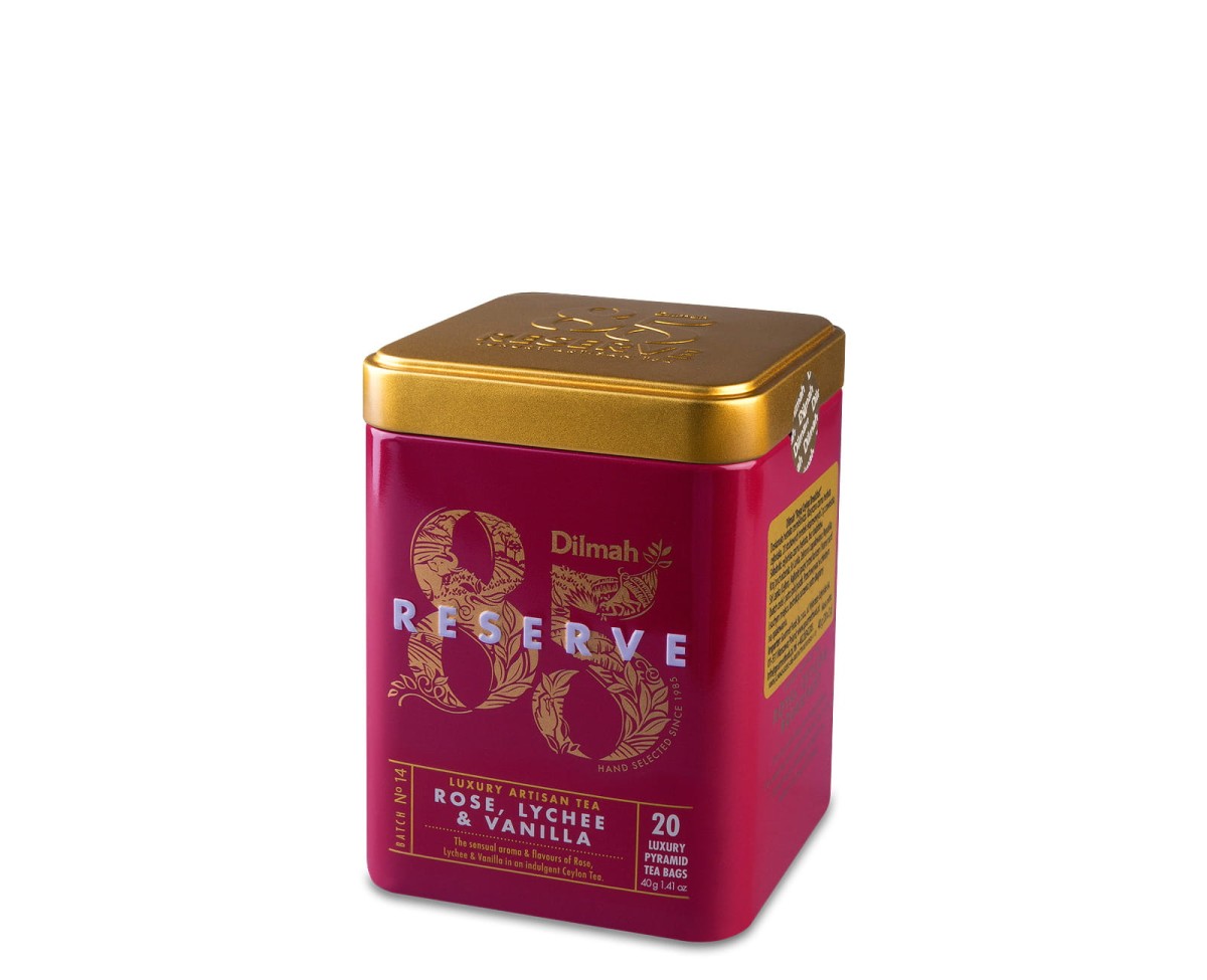 Herbata czarna aromatyzowana ekspresowa w puszce - Dilmah 85 Reserve Rose, Lychee & Vanilla [20x2g] - Cejlońska czarna herbata z aromatem róży, liczi i wanilii - 20 stożkowych biodegradowalnych torebek ekspresowych 2g z zawieszką w puszce 1