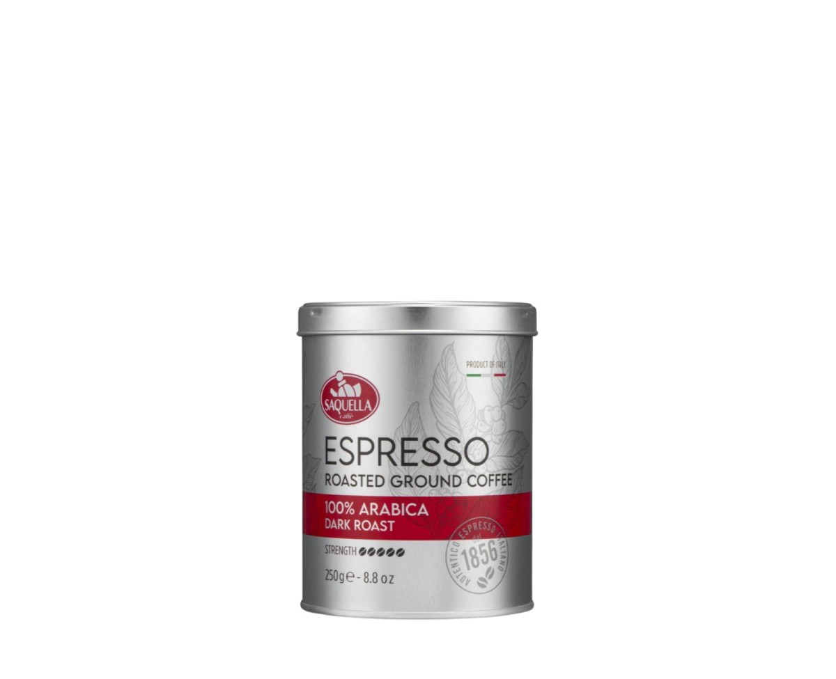 Włoska kawa mielona w puszce - Saquella Espresso 100% Arabica Dark Roast [250g] - Mieszanka naturalnej kawy palonej i mielonej.    250g kawy mielonej w puszce - 1
