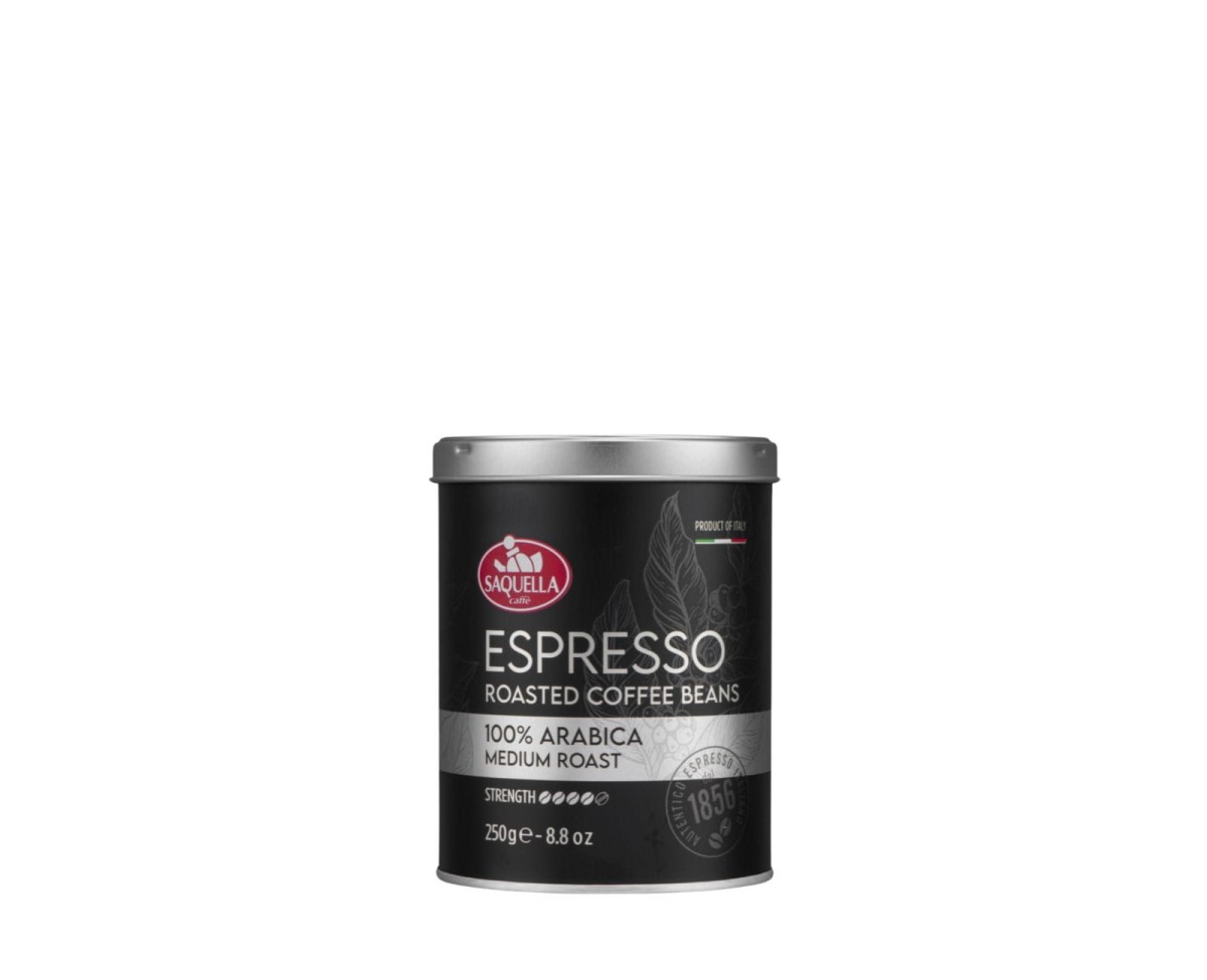 Włoska kawa ziarnista w puszce - Saquella Espresso 100% Arabica Medium Roast [250g] - Mieszanka naturalnej kawy palonej.    250g kawy ziarnistej w puszce z metalowym wieczkiem - 1