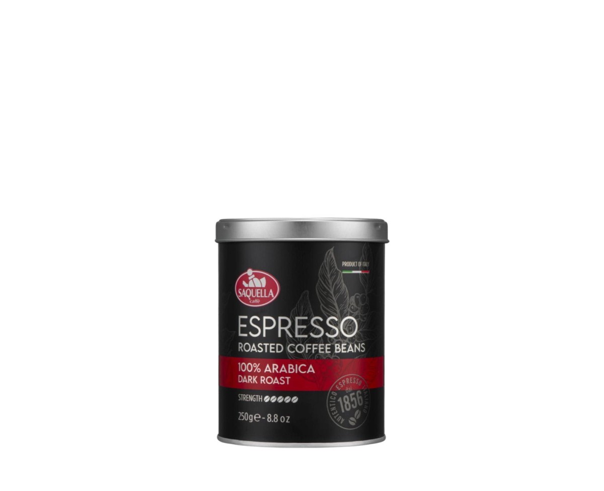 Włoska kawa ziarnista w puszce - Saquella Espresso 100% Arabica Dark Roast [250g] - Mieszanka naturalnej kawy palonej.    250g kawy ziarnistej w puszce z metalowym wieczkiem - 1