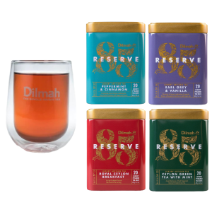 Zestaw 4 puszki Dilmah 85 Reserve Luxury Artisan Tea + Szklanka Lumiere