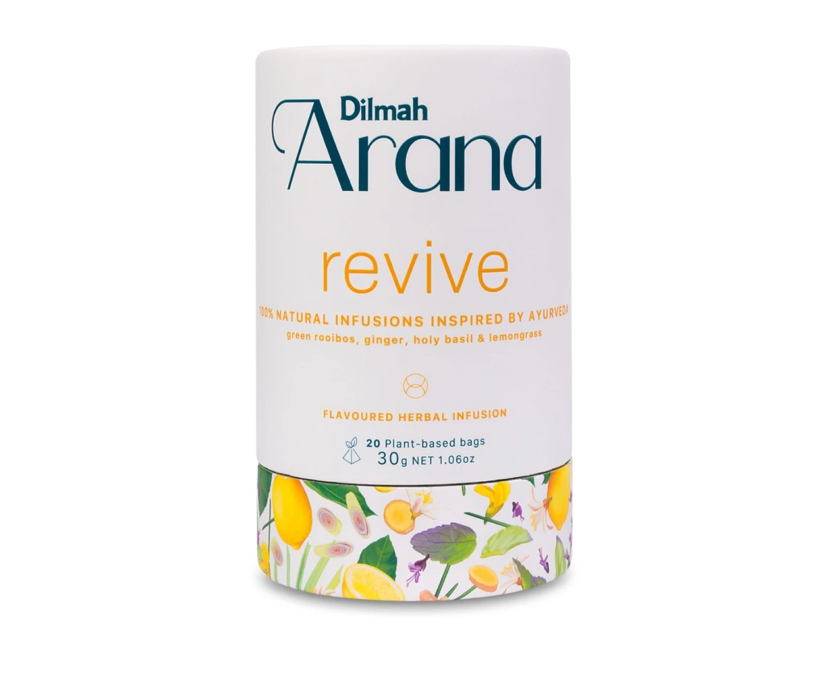 Rooibos z dodatkami - Dilmah Arana Revive [20x1,5g] - Zielony rooibos, imbir, bazylia azjatycka, trawa cytrynowa. Naturalny napar inspirowany Ajurwedą - 20 biodegradowalnych stożkowych torebek ekspresowych - 1