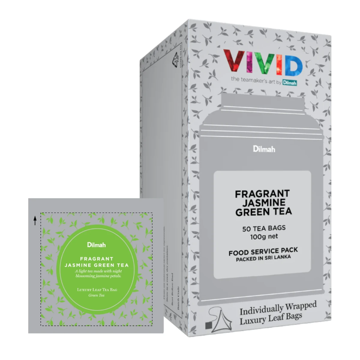 Herbata Zielona z dodatkami  W porcjach  Dilmah Fragrant Jasmine Green Tea [50x2g] - Zielona herbata z dodatkiem kwiatów jaśminu - 50 stożkowych biodegradowalnych torebek ekspresowych 2g z zawieszką w kopercie 3