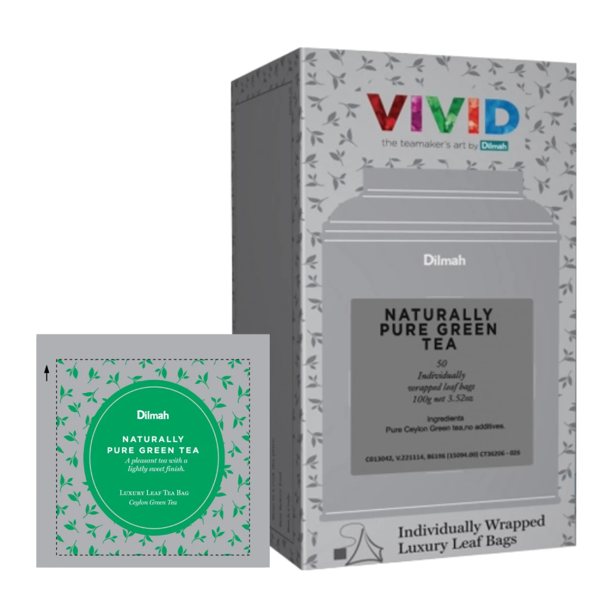 Herbata Zielona  W porcjach  Dilmah Naturally Pure Green Tea [50x2g] - Zielona herbata cejlońska - 50 stożkowych biodegradowalnych torebek ekspresowych 2g z zawieszką w kopercie 3