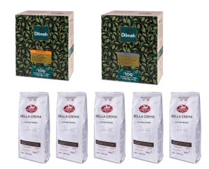 Zestaw do biura: czarne herbaty Dilmah (Ceylon Supreme, Earl Grey) + włoska kawa ziarnista Saquella Bella Crema 5x400g (4 + 1 GRATIS)