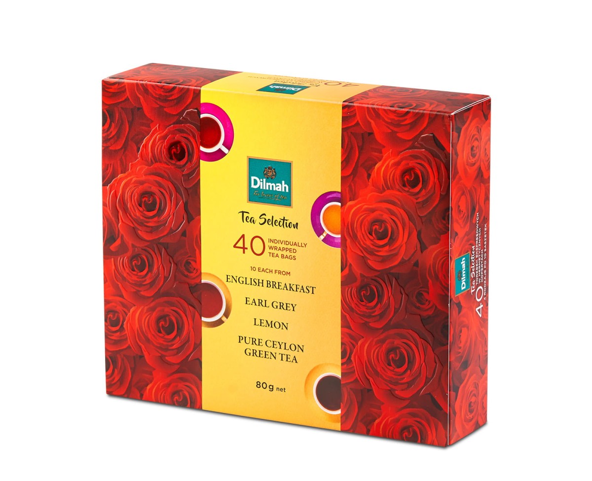 Zestawy herbat na prezent - Dilmah Roses Gift Pack [40x2g] - Zestaw herbat czarnych, aromatyzowanych i zielonych (po 10 kopert z 4 rodzajów) - 40 torebek ekspresowych 2g z zawieszką w kopercie - 1