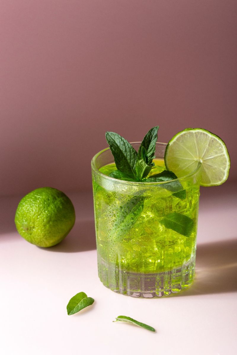 Pyszne Virgin Mojito podane w niskiej szklance do drinków, wypełnionej lodem i dużą ilością świeżej mięty, udekorowana plastrem cytryny.