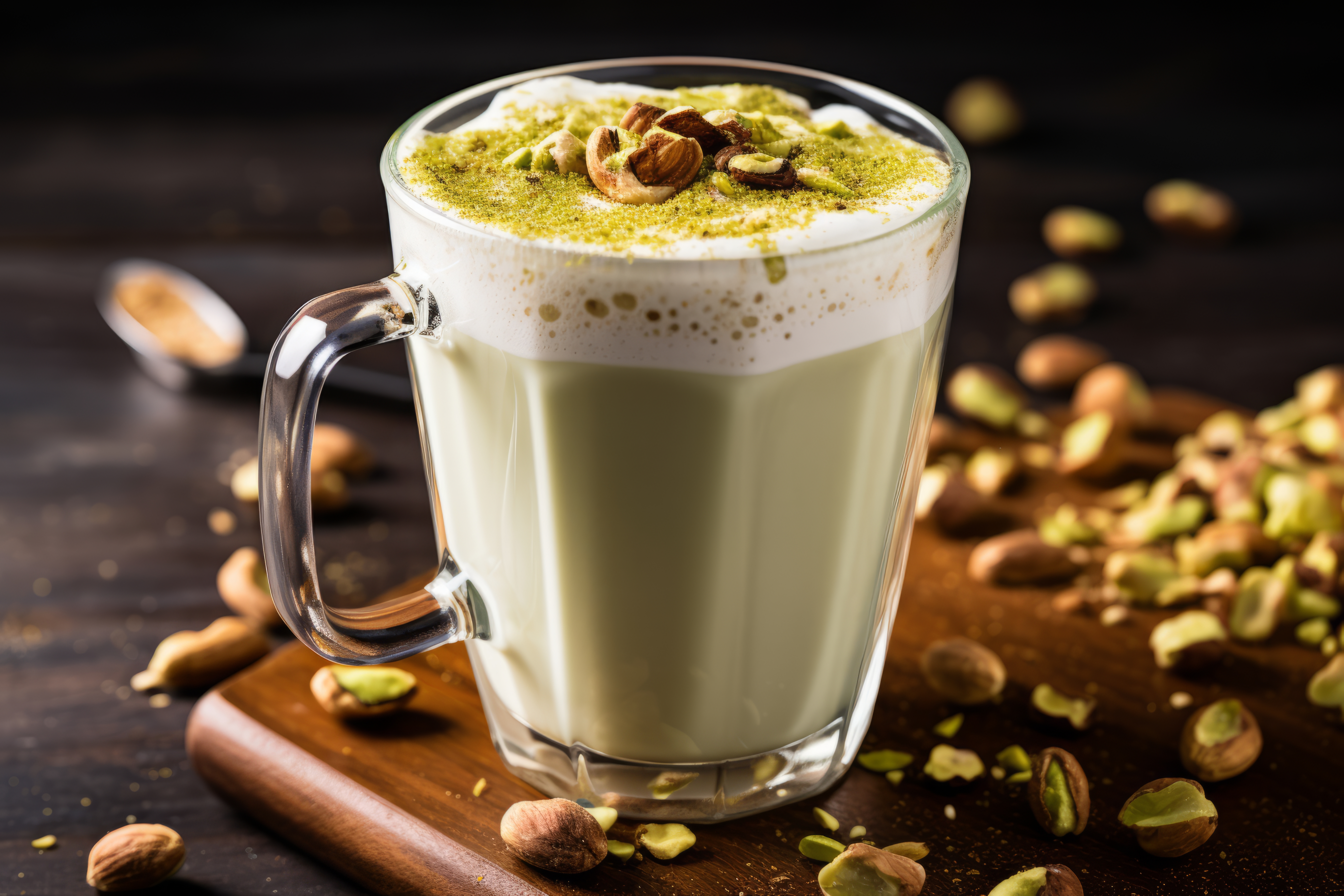 Latte pistacjowe z posypką z kruszonych pistacji.