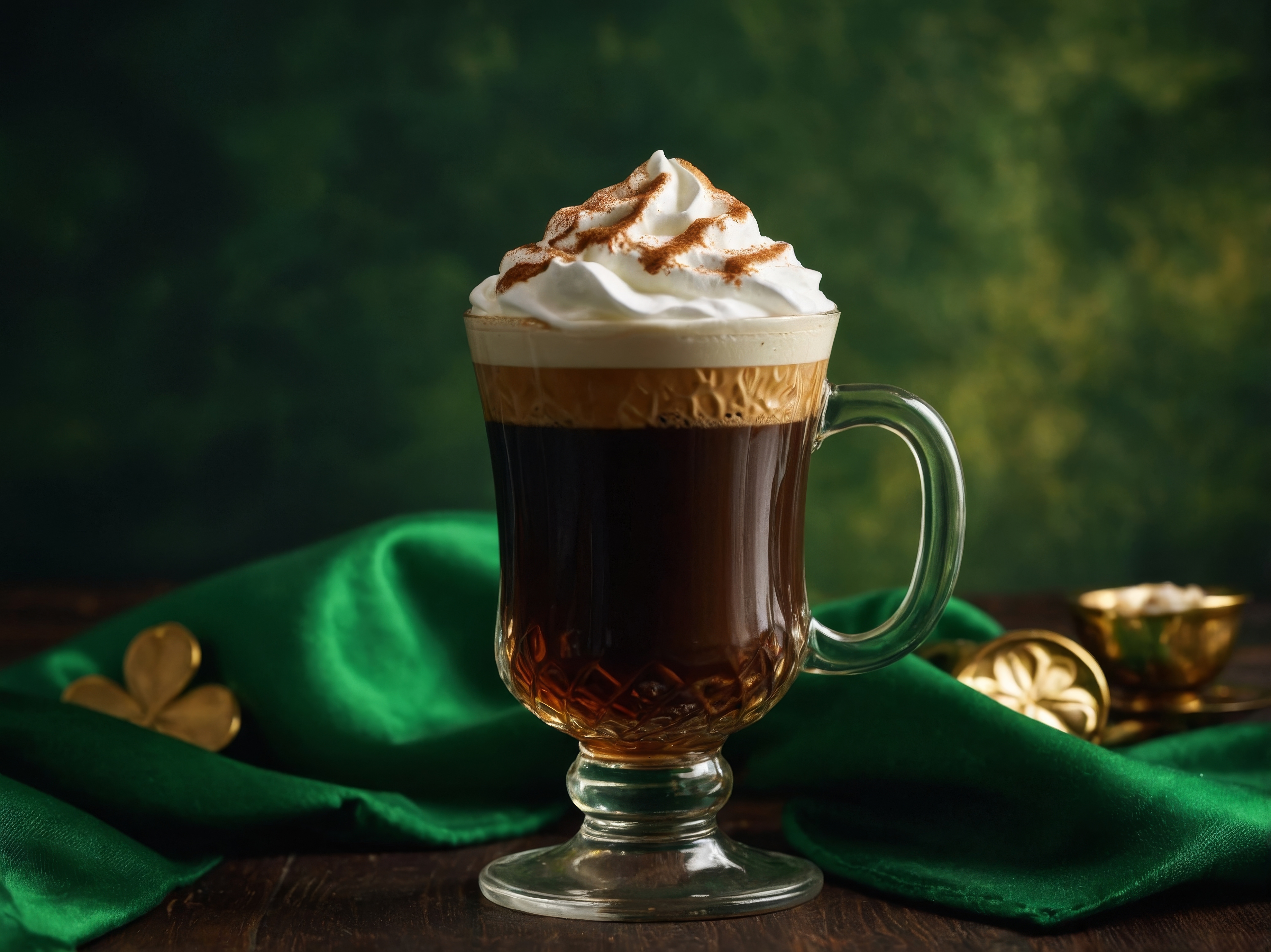 Kawa po Irlandzku na zielonym tle i z ozdobną złotą koniczynką – symbolem Irlandii.
