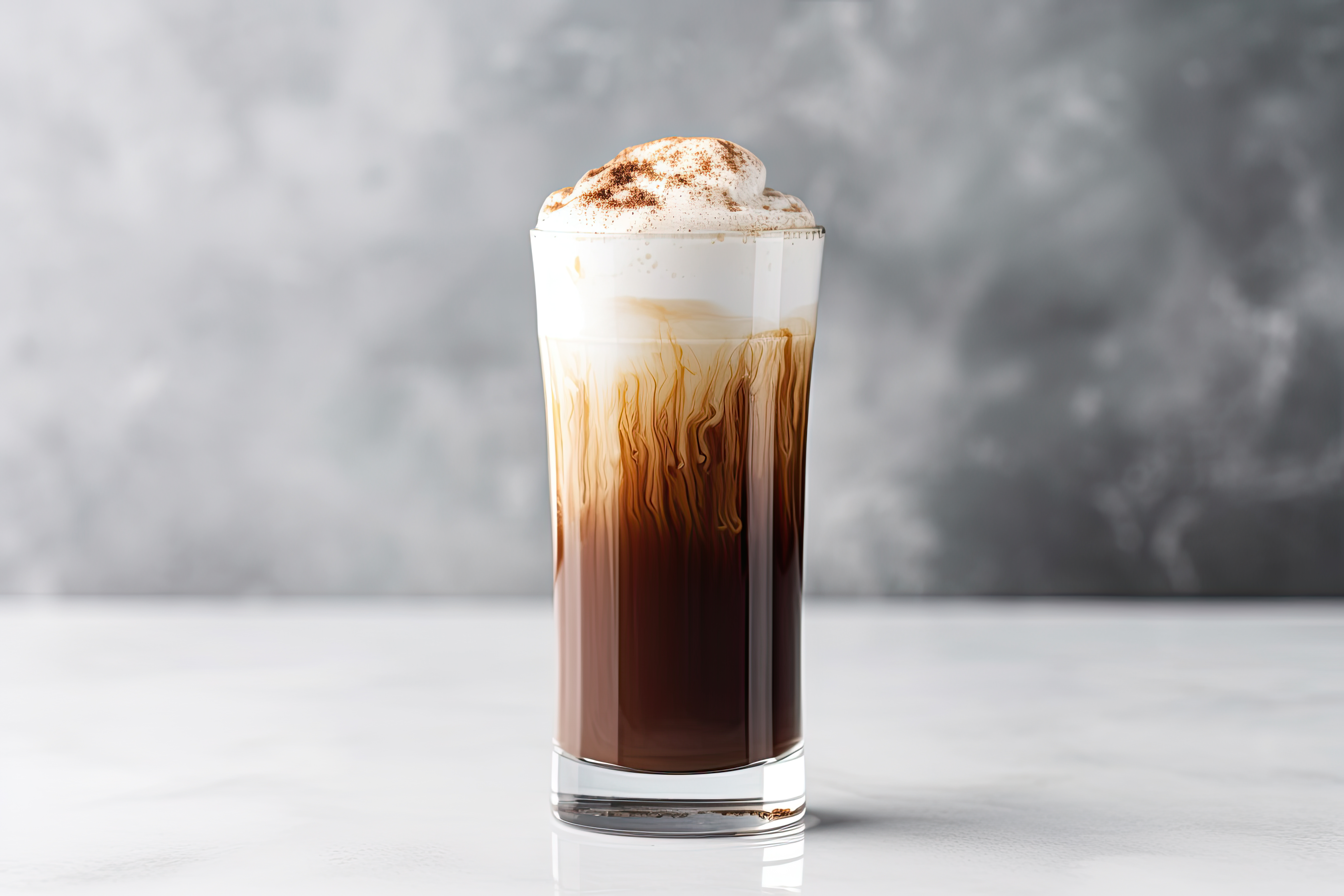 Warstwowa kawa Irish Coffee z cynamonową posypką, pięknie prezentująca się w wysokiej szklance kawowej.