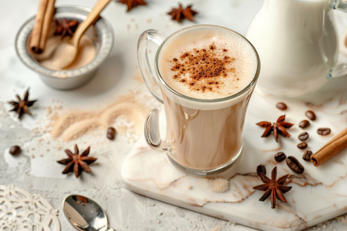 Klasyczne chai latte z mleczną pianką, posypane z wierzchu świeżym cejlońskim cynamonem.