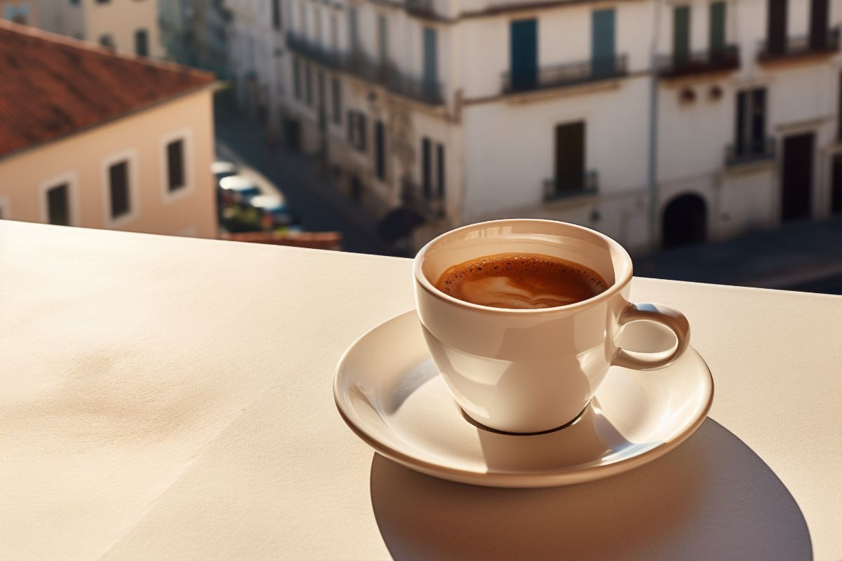 Włoskie espresso Saquella na tle malowniczych włoskich kamienic.