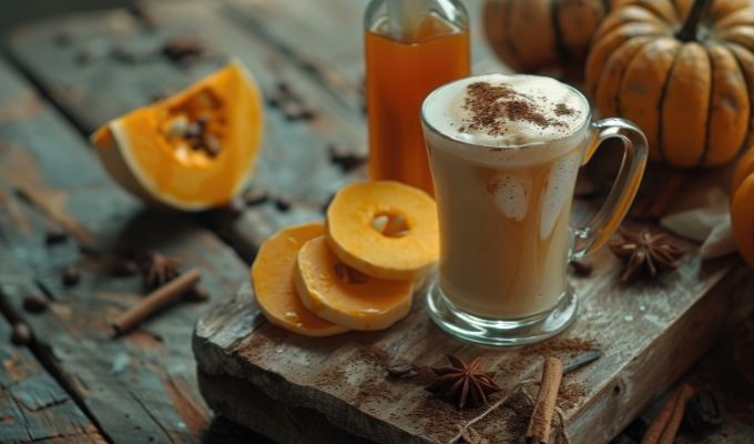 Pumpkin Chai Latte z syropem Fabbri Mixybar Chai. W tle dynia I korzenne przyprawy. 