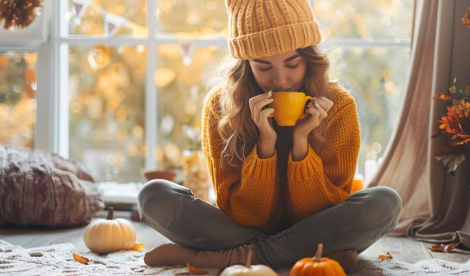 Młoda dziewczyna w jesiennej stylizacji delektująca się smakiem Pumpkin Spice Latte w zaciszu własnego domu. Mieszkanie ozdobione jesiennymi dekoracjami i dyniami ozdobnymi.