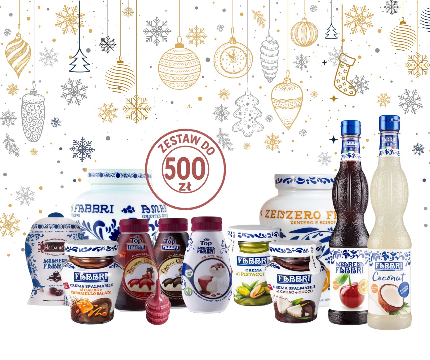 Luksusowy kosz prezentowy do 500 zł – produkty marki Fabbri.