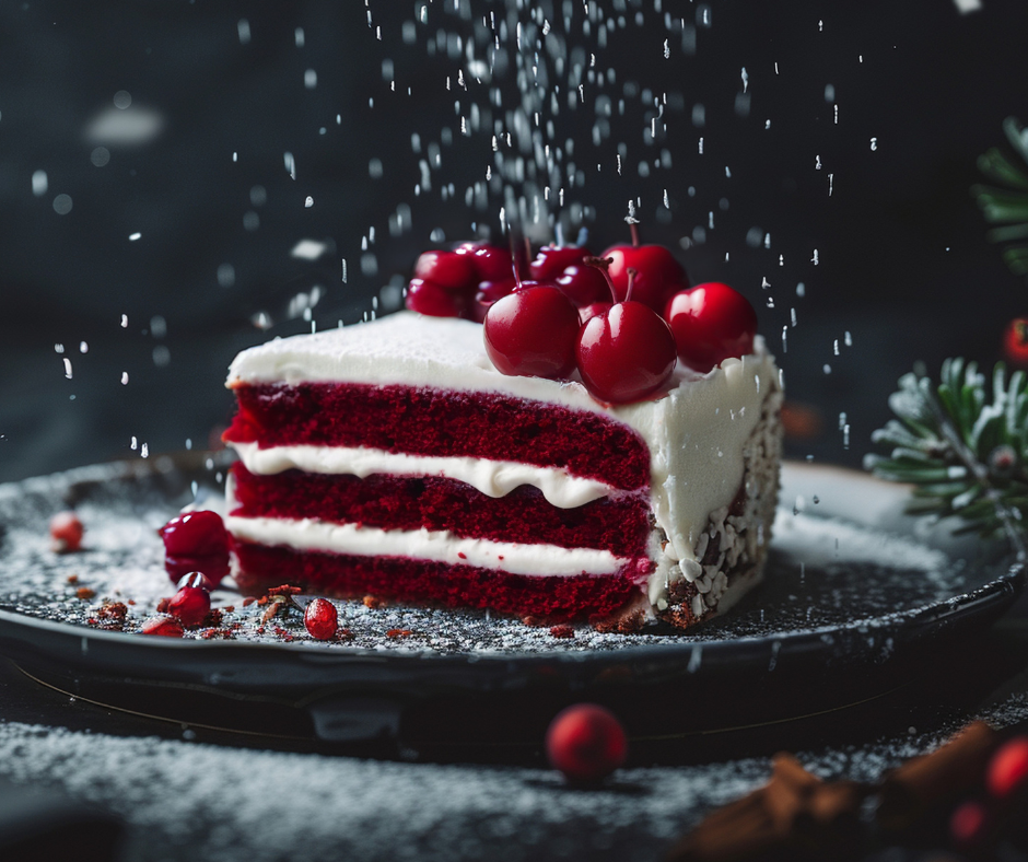 Posypywanie tortu Red Velvet cukrem pudrem.